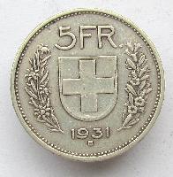 Switzerland 5 francs 1931 B